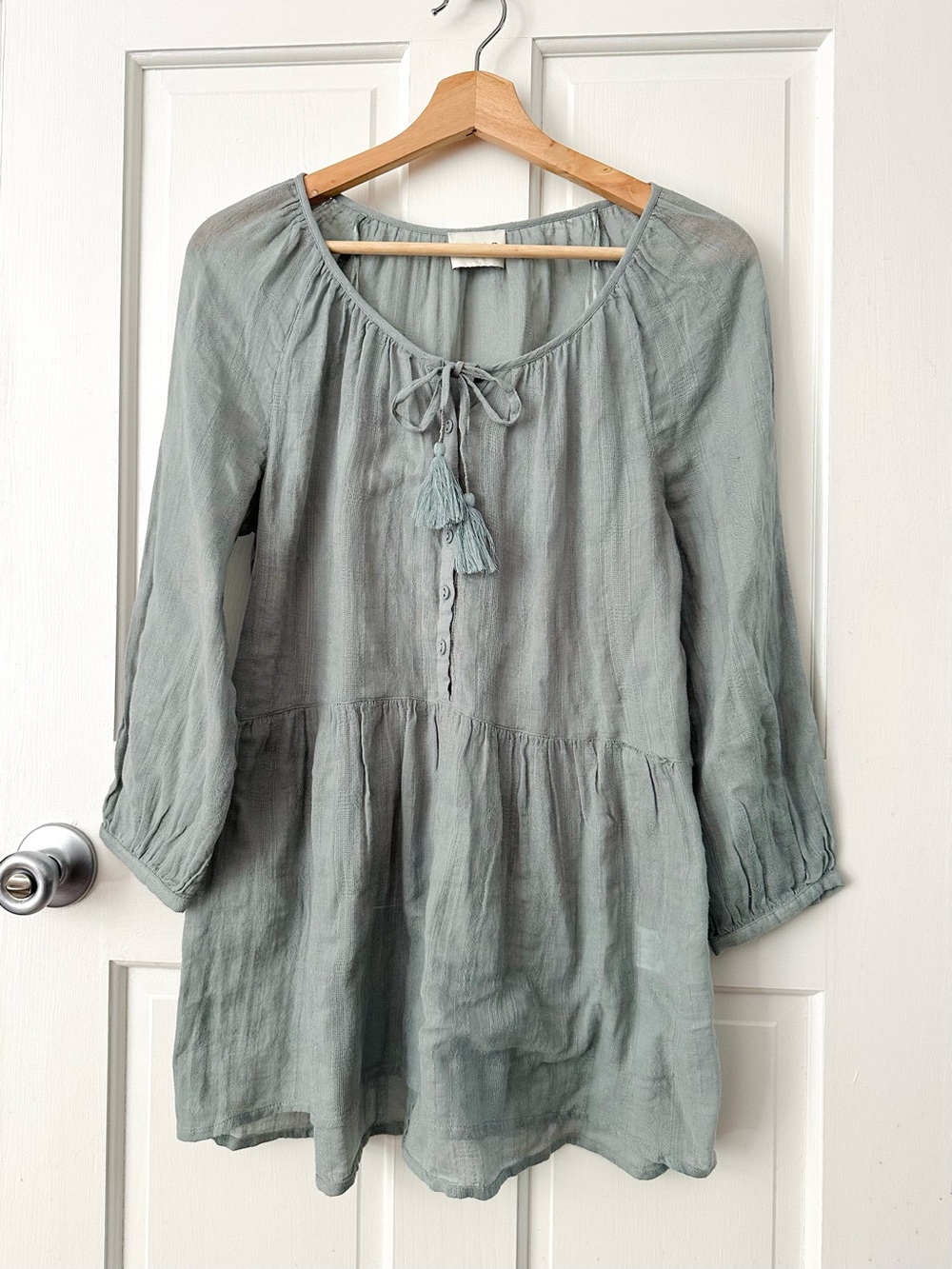 WRAP London Light Sage Peasant Tunic Top Tassel Ties Cotton Cottagecore Size 8